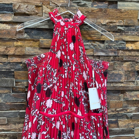 Self-Portrait Floral Chiffon Maxi Dress Red Cold Shoulder Pleated Hi-Low Size SM - Picture 9 of 16